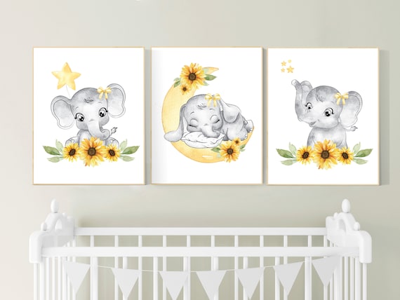 Yellow nursery, sunflower, floral nursery, elephant nursery wall decor, flower nursery decor, yellow and gray, animal nursery prints