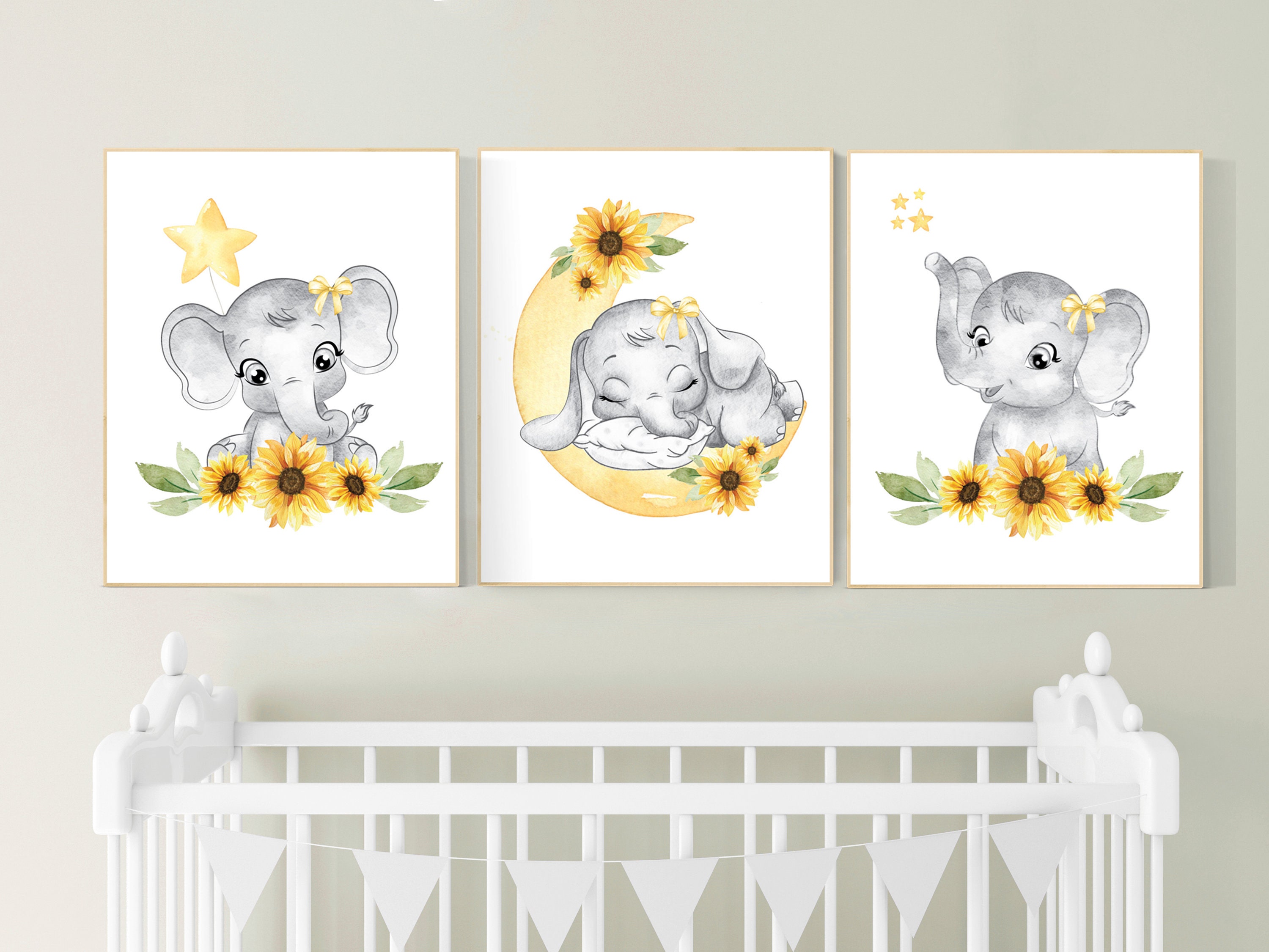 Yellow Nursery Sunflower Floral Nursery Elephant Nursery Wall Decor