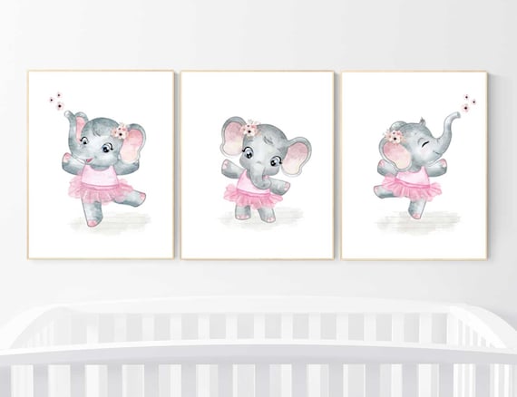 Ballerina elephant, baby room decor girl, Elephant, nursery prints girl, elephant nursery print, Nursery Girl Print, Pink nursery wall art