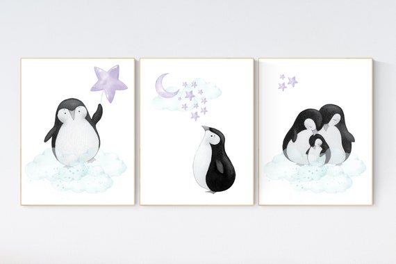 Penguin nursery, cloud and stars, purple teal nursery art. baby room wall art, nursery wall art penguin, lilac, lavender teal nursery