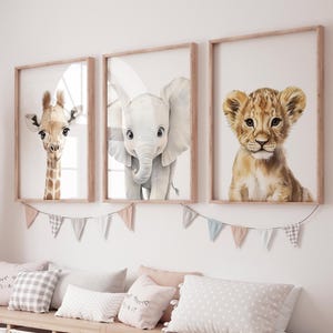 Safari Baby Animal Nursery Wall Art, Giraffe Elephant Lion Prints, Jungle Animal Decor, Gender Neutral Baby Room Wall Set, animal prints