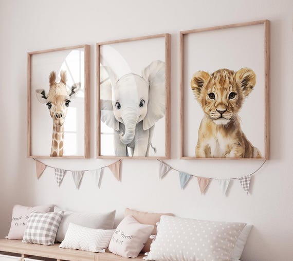 Safari Baby Animal Nursery Wall Art, Giraffe Elephant Lion Prints, Jungle Animal Decor, Gender Neutral Baby Room Wall Set, animal prints