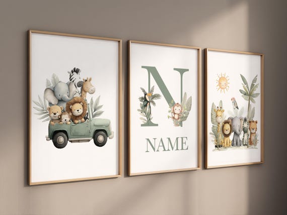 Personalized Safari Nursery Art: Jungle Animal Prints, Custom Name Decor