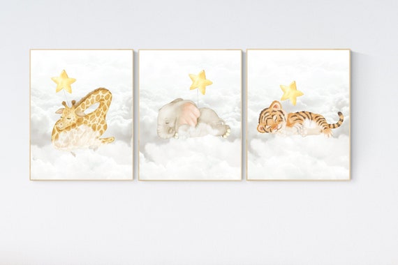 Woodland Animals, Sleeping on Clouds, Woodland Nursery Decor, yellow nursery, Animal Nursery wall art, gender neutral , baby room decor