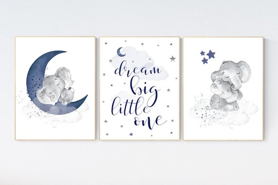 Nursery decor elephant, nursery decor boy navy blue, dream big little one, moon and stars, navy blue nursery art. baby room art, elephant