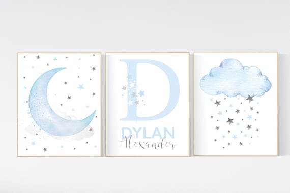 Nursery decor boy, blue gray nursery decor, cloud and moon, boys room decor, nursery prints, blue and gray nursery, nursery wall decor name