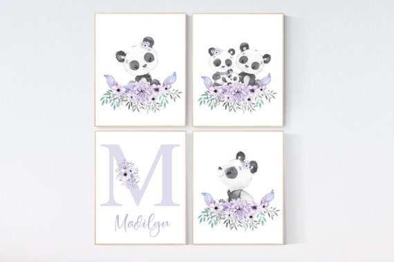 Nursery decor girl, panda nursery, purple nursery wall art, floral nursery, nursery decor animal, girl nursery wall decor, flower nursery