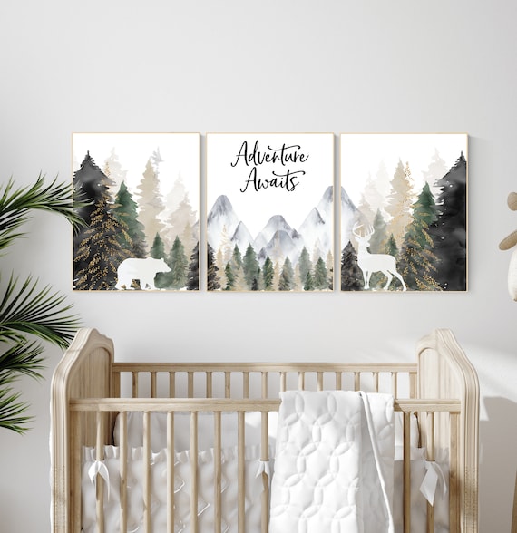 Nursery decor woodland, mountain wall art, tree nursery decor, adventure theme nursery, forest, sage green, beige, woodland animals