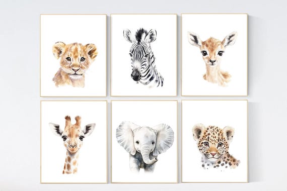 Watercolor Safari Animal Prints: Nursery Jungle Decor, Set of 6