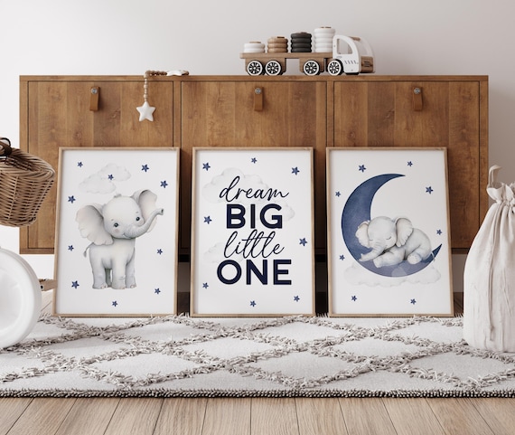 Elephant Nursery Decor: Navy Blue Moon & Stars Print