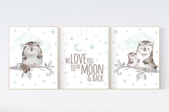 Mint nursery decor, we love you to the moon and back, Nursery decor owl, owl nursery art, nursery wall art mint, mint green, gender neutral