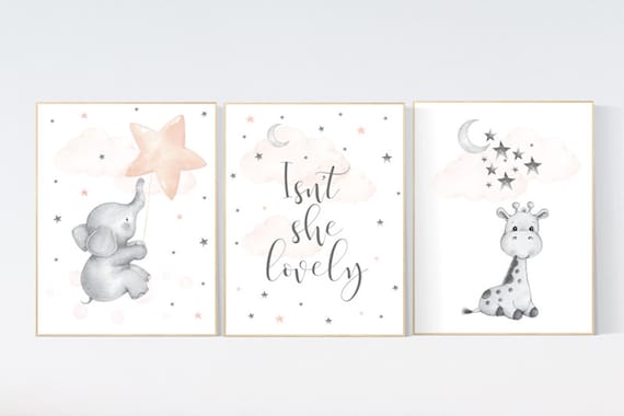 Nursery decor girl peach, Nursery decor elephant, dream big little one, cloud and stars, moon and stars nursery, blush, coral and gray