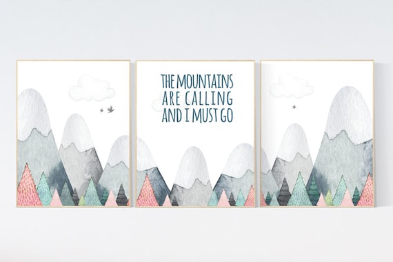 Nursery decor girl mountain, adventure nursery, adventure theme nursery, woodland, let her sleep for when she wakes she will move mountains