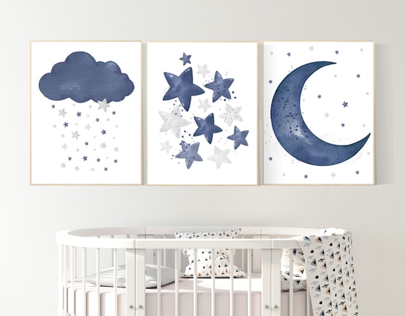 Navy nursery decor boy, navy blue nursery art. baby room wall art, boy nursery decor, set of 3, navy gray, cloud and stars, moon and stars