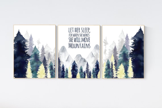 Nursery decor woodland, mountain wall art, tree nursery decor, adventure theme nursery, forest, navy and teal, yellow, woodland animals