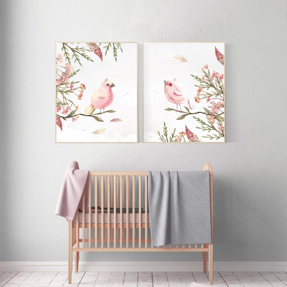 Nursery decor girl floral, Nursery wall art birds, nursery decor girl flower, baby bird nursery, spring theme baby shower, bird nursery art