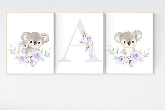 Nursery decor girl, koala nursery, moon and stars, purple nursery art, nursery prints animals, lilac nursery decor, koala mother and baby