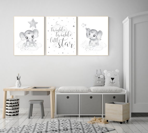 Grey nursery wall art, gender neutral, elephant nursery wall art, moon and stars, gray nursery art, baby room decor, neutral, twin nursery