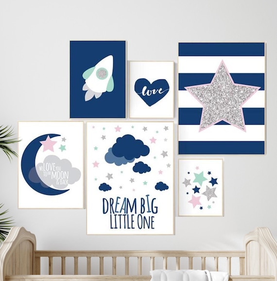 Nursery decor, nursery wall art, navy mint pink, dream big little one we love you to the moon and back, cloud, stars,