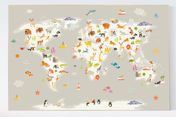 Nursery world map, Animal world map, animal map nursery, Animals map, animal map of the world, gender neutral nursery, animals of the world