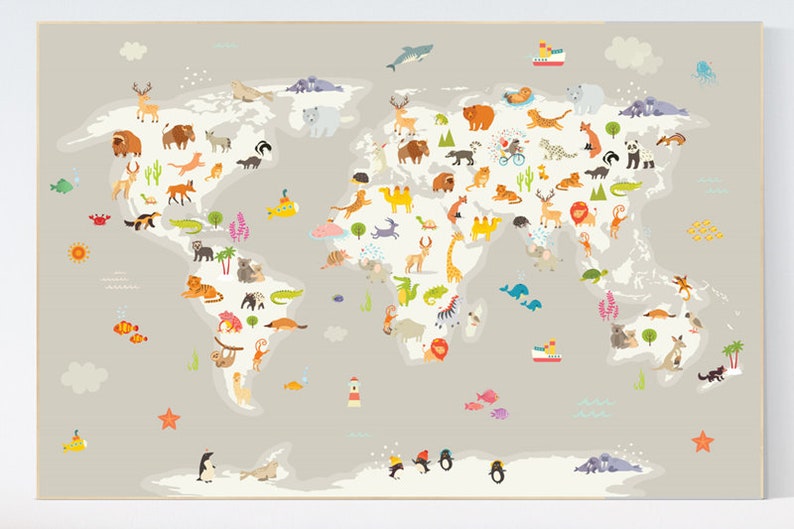 Nursery World Map Animal World Map Animal Map Nursery Etsy