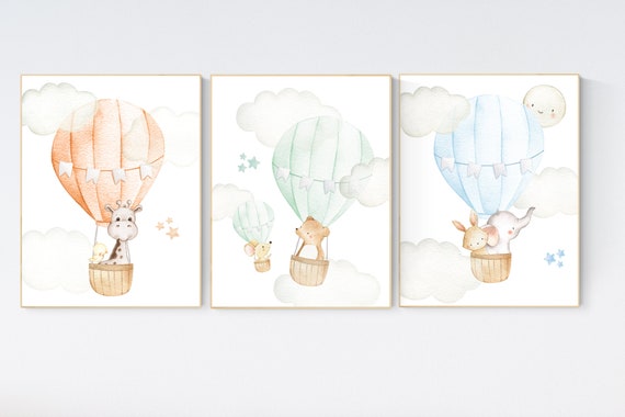 Nursery decor animals, hot air balloon, gender neutral, nursery decor, animal nursery, neutral, unisex, elephant giraffe, bear, nursery art