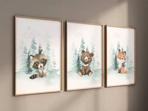 Nursery decor woodland, Woodland Nursery Wall Art, Woodland Print Set, animal prints, Woodland Animal Prints, gender neutral, teal nursery