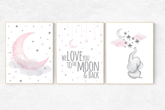 Girls room decor, Nursery decor girl pink and gray, nursery decor girl pink, Elephant nursery, we love you to the moon and back, cloud