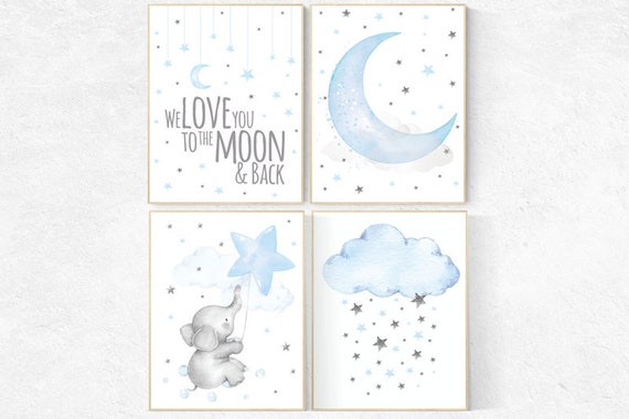 Nursery decor boy elephant, Nursery wall art boy, we love you to the moon and back, nursery art, blue nursery decor, cloud and stars,