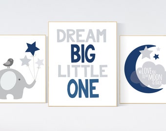 Navy blue nursery decor, dream big little one, nursery decor, elephant nursery, NAVY gray Nursery decor boy, nursery prints quotes