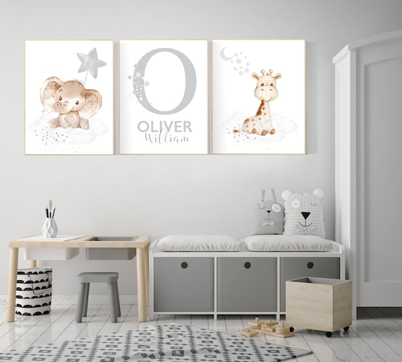 Nursery wall art animals, gray nursery, gender neutral nursery, neutral nursery, baby room decor, bear, elephant, giraffe, animal prints