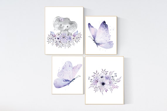 Nursery decor girl butterfly, nursery decor girl boho, nursery wall art purple, lilac, lavender, Butterfly Nursery Art, floral, flower