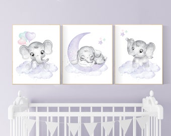 Nursery decor girl, mint, lilac, pink, Nursery wall art girl elephant, nursery decor girl purple, nursery wall art stars, nursery prints
