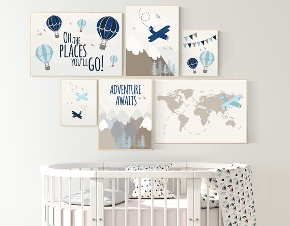 Nursery decor boy mountains adventure, mountain nursery art, adventure awaits. mountain, hot air balloon, planes, world map, gender neutral