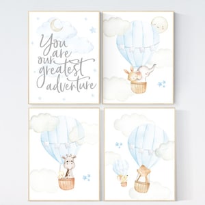 Nursery decor boy woodland animals, you are our greatest adventure hot air balloon, elephant, giraffe, bear, bunny, boy nursery, baby blue