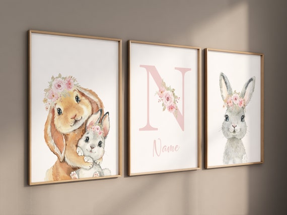 Rabbit nursery, girl nursery, mother and baby rabbit, bunny nursery, floral nursery, rabbit prints, pink nursery, flower nursery