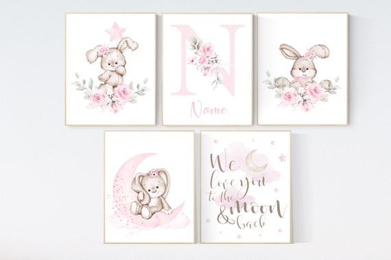 Nursery wall art bunny, pink nursery decor, Nursery decor girl flower bunny, bunny print nursery girl, rabbit nursery, rabbit print nursery