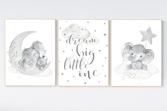 Grey nursery wall art, elephant nursery wall art, moon and stars, gender neutral, gray nursery art, baby room decor, neutral, twin nursery