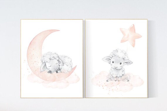 Nursery decor elephant, Nursery decor girl coral, elephant nursery, cloud and stars, moon and stars nursery, coral and gray