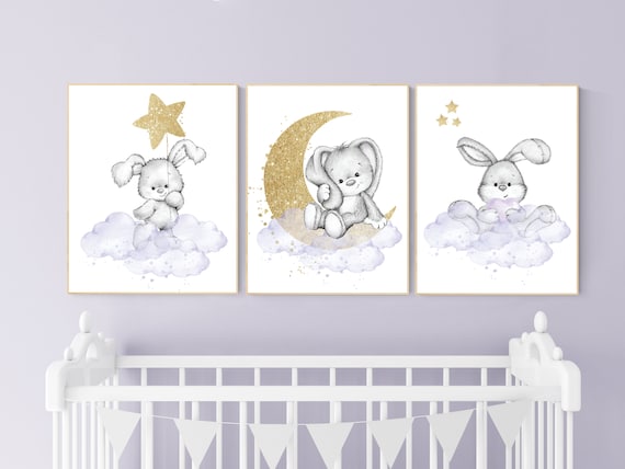 Bunny nursery wall art, Purple nursery decor, Nursery decor girl flower bunny, lilac, lavender, bunny print nursery girl, rabbit print