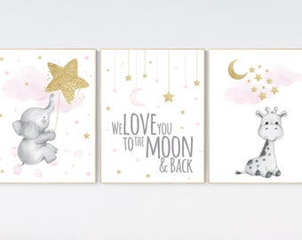 Giraffe & Elephant Nursery Art: Pink and Gold Baby Girl Decor