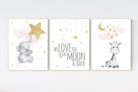 Nursery wall art girl, giraffe nursery, baby room decor girl gold and pink, girl nursery decor, cloud and stars, elephant nursery wall art