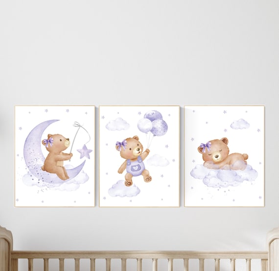 Nursery decor girl purple, nursery decor bear, teddy bear nursery, lilac nursery print, lavender, baby room decor, nursery wall art animals