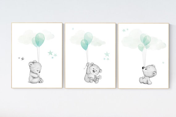 Nursery decor boy and girl, bear nursery, mint nursery decor, mint green nursery wall art, nursery wall art animals, balloon nursery art