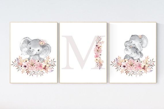 Nursery decor girl boho, elephant nursery wall art, nursery decor girl floral, nursery decor girl woodland, floral nursery, boho nursery