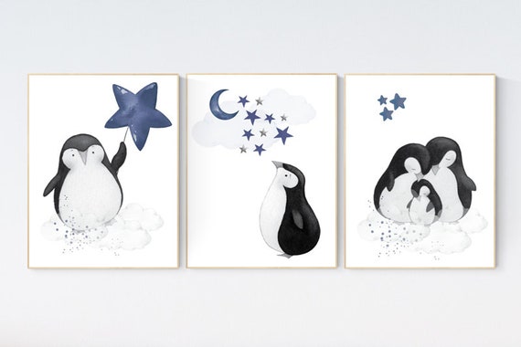 Navy nursery decor, penguin nursery, cloud and stars, navy blue nursery art. baby room wall art, boy nursery decor, nursery wall art penguin