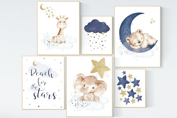 Nursery decor boy elephant, bear, giraffe, nursery wall art boy, navy Blue gold, moon and stars, boy nursery decor, animal nursery print set