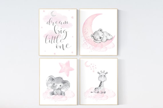 Nursery decor girl, elephant, bear, giraffe, animal nursery, moon, star, bear nursery, pink gray, woodland animals, dream big little one