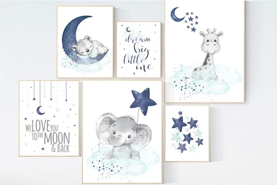 Nursery decor boy elephant, giraffe, boy nursery decor, moon and stars, navy teal nursery, boy nursery, we love you to the moon and back