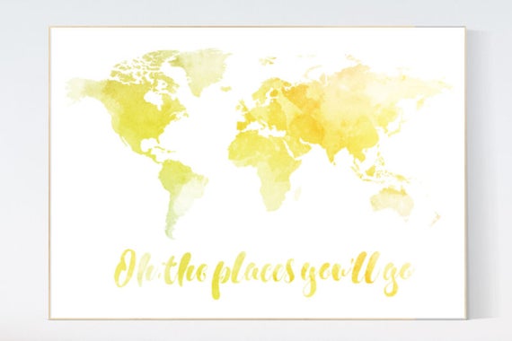 World map wall art, yellow world map, oh the places you'll go, watercolor map, nursery map wall art, yellow nursery decor, world map poster